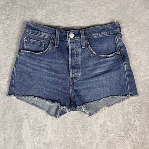 Levi’s 501 Curve Denim Shorts Size 27 High Rise Buttons Pockets Dark Wash Blue